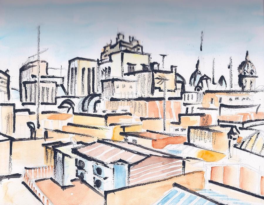 Rooftops of Barcelona sketch Painting by Vic Delnore