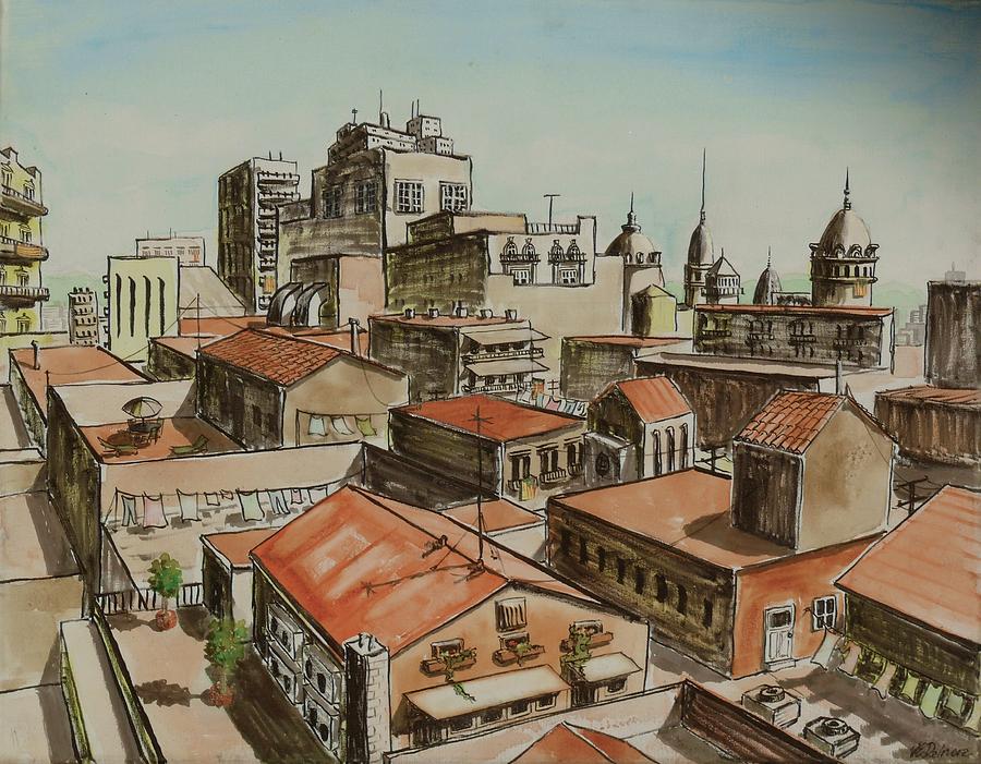 Rooftops of Barcelona Painting by Vic Delnore