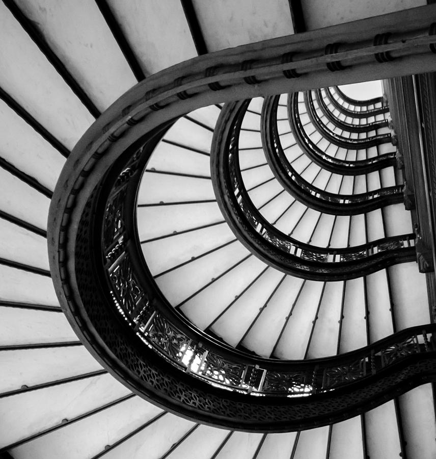 Rookery Building Looking Up the Oriel Staircase - Black and White Photograph by Anthony Doudt