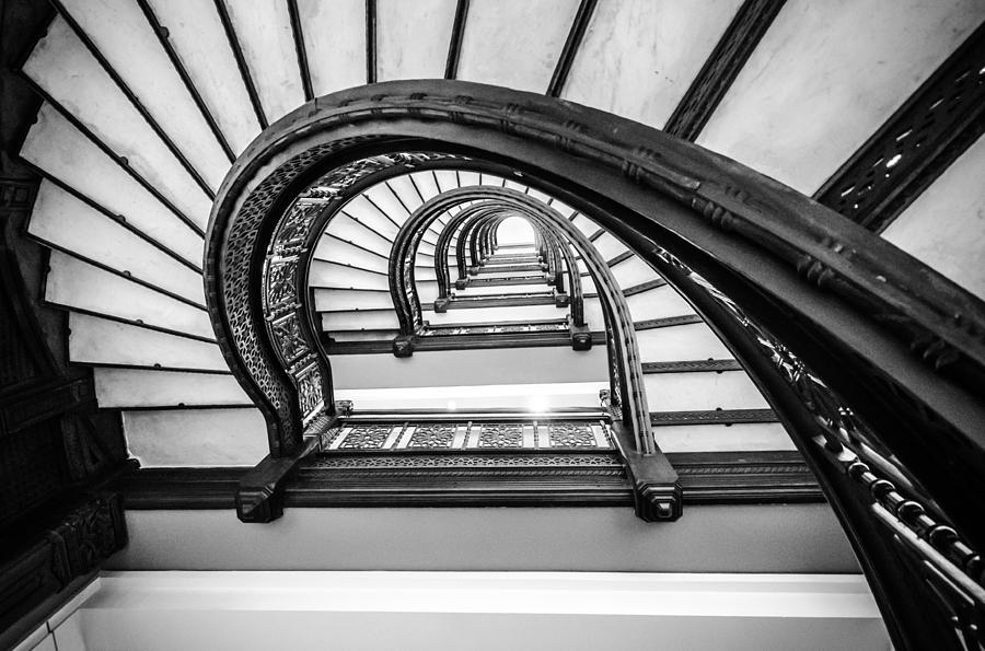 Rookery Building Off Center Oriel Staircase - Black and White Photograph by Anthony Doudt