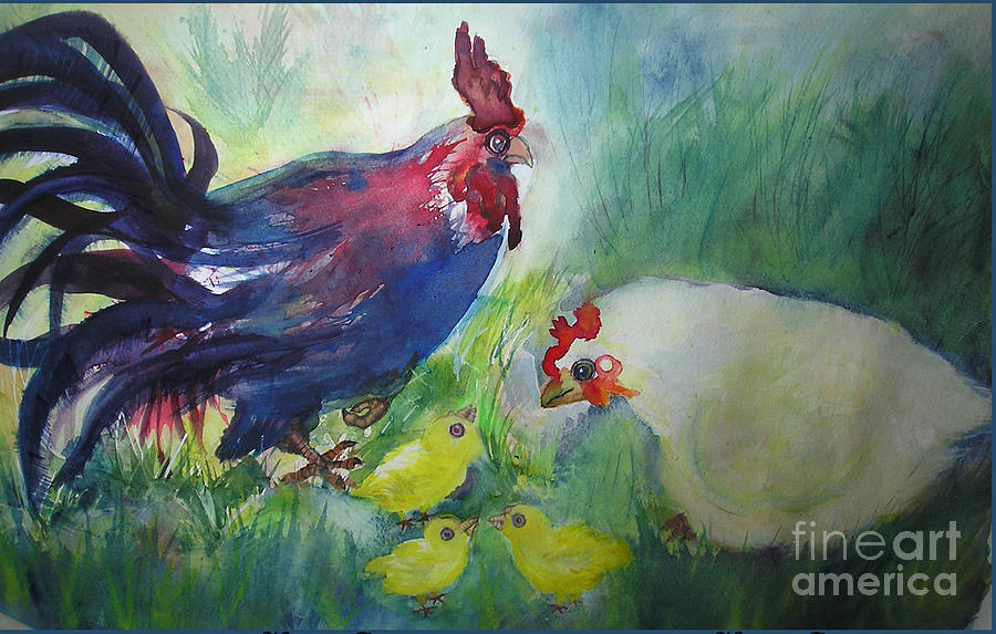 Rooster and Family Painting by Valerie Cuan