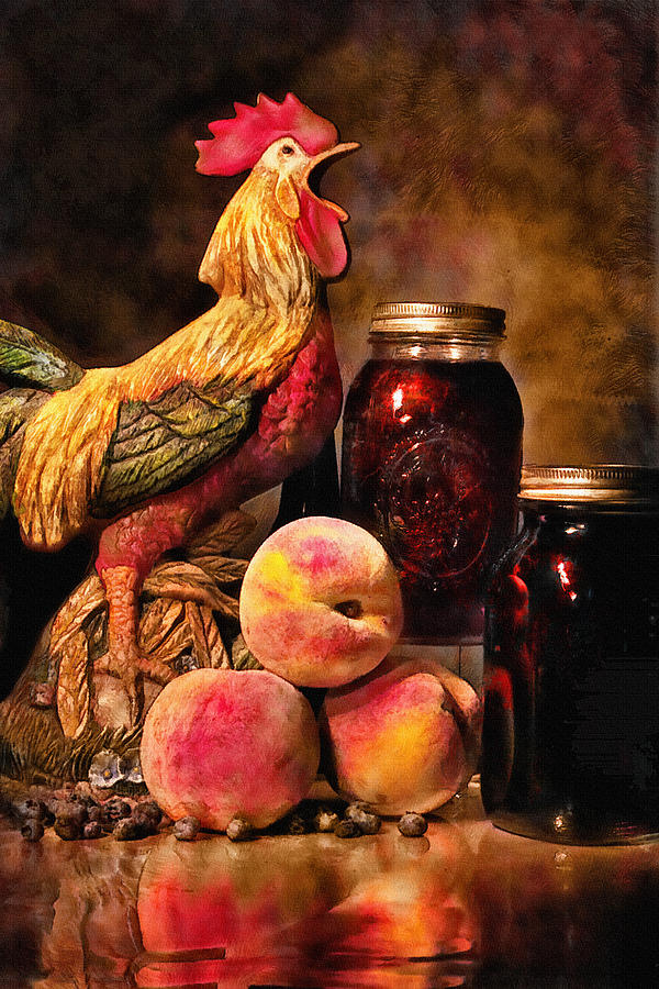 Rooster Photograph - Rooster and Peaches by Mary Almond