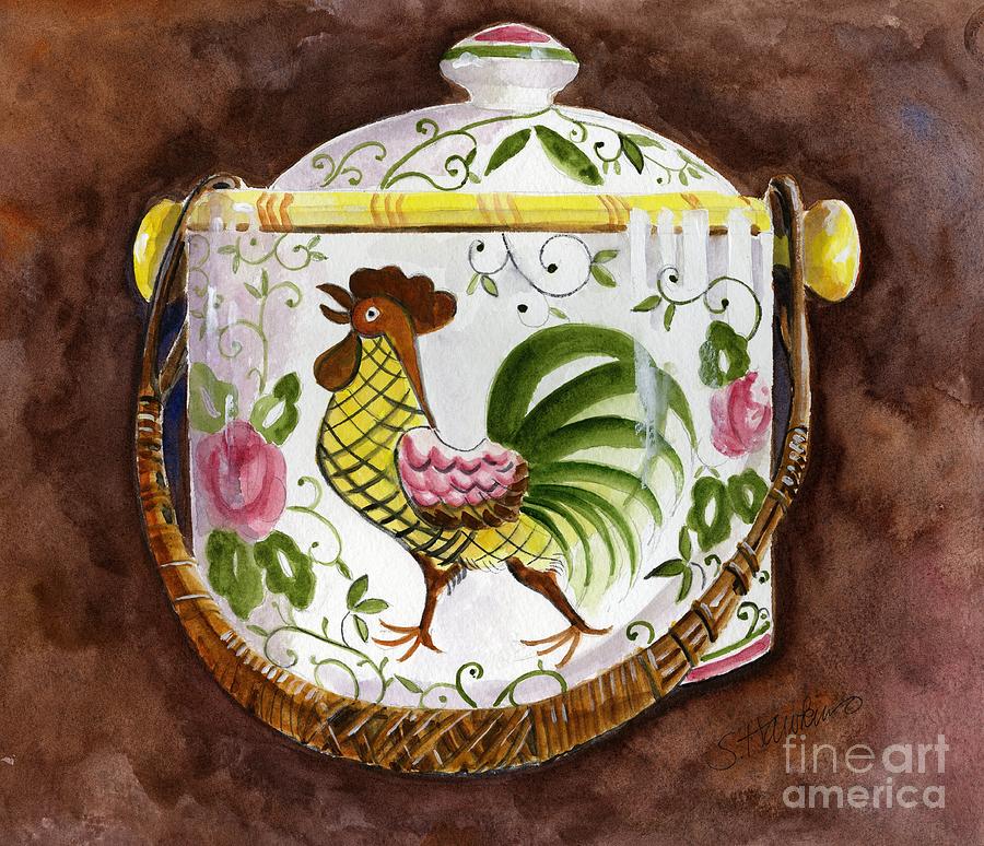 Rooster Painting - Rooster and Roses Cookie Jar by Sheryl Heatherly Hawkins