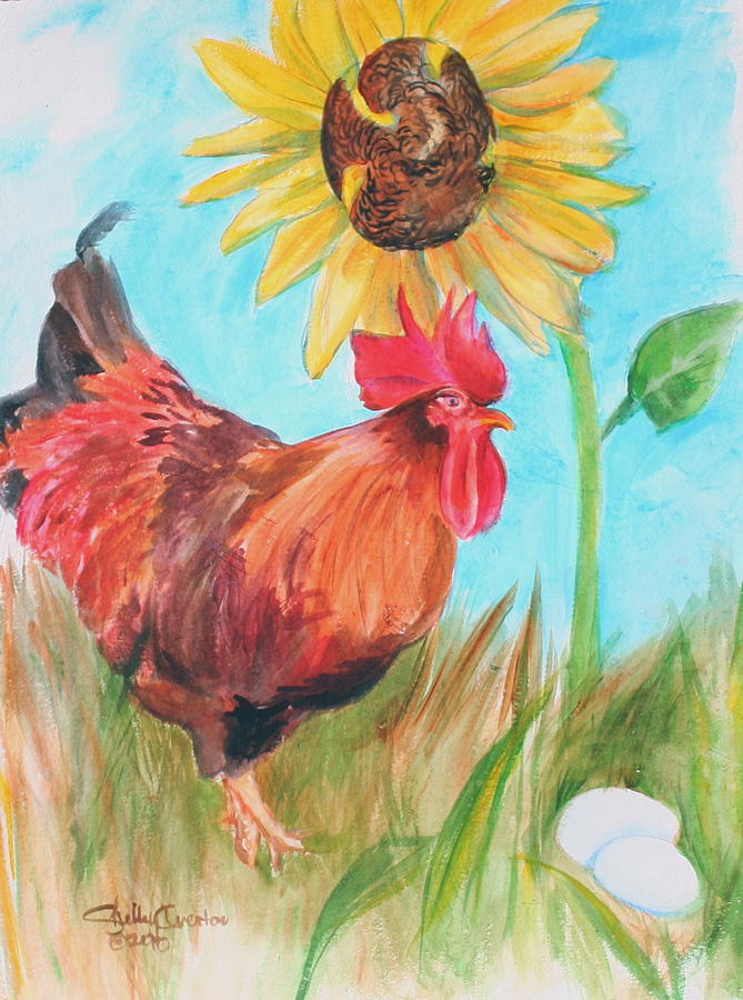 Rooster and the Eggs Painting by Shelley Overton
