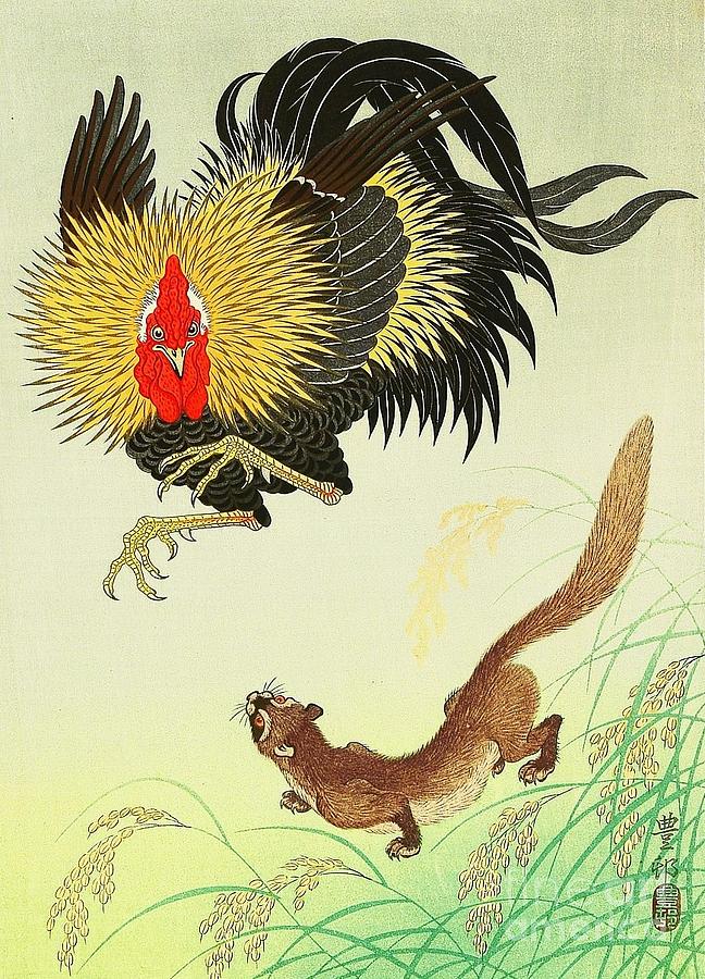 Rooster and Weasel Painting by Thea Recuerdo