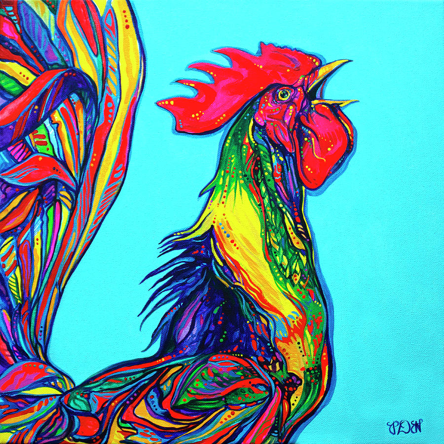 Original Chicken Painting Medium Crowing Rooster