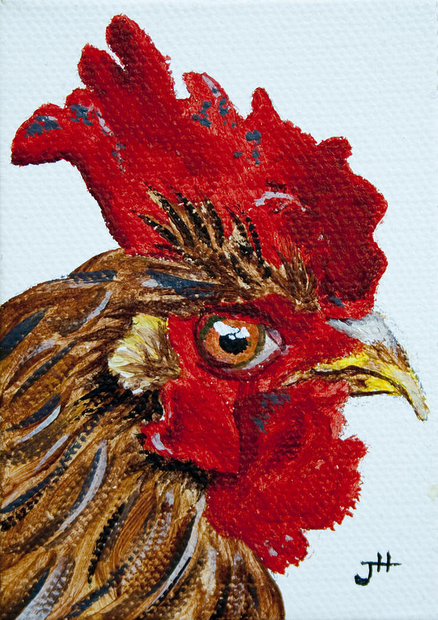 Rooster Eyeing dinner chicken painting Painting by Jaime Haney