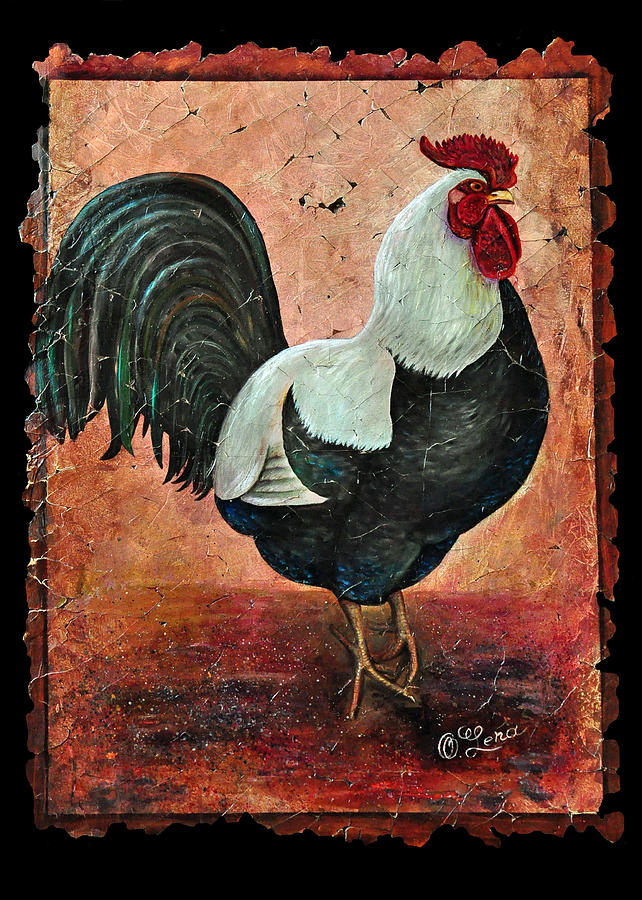 Rooster fresco Painting by Lena Owens - OLena Art Vibrant Palette Knife and Graphic Design