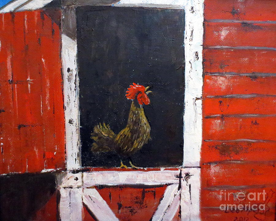 Rooster In Window Painting by Lee Piper