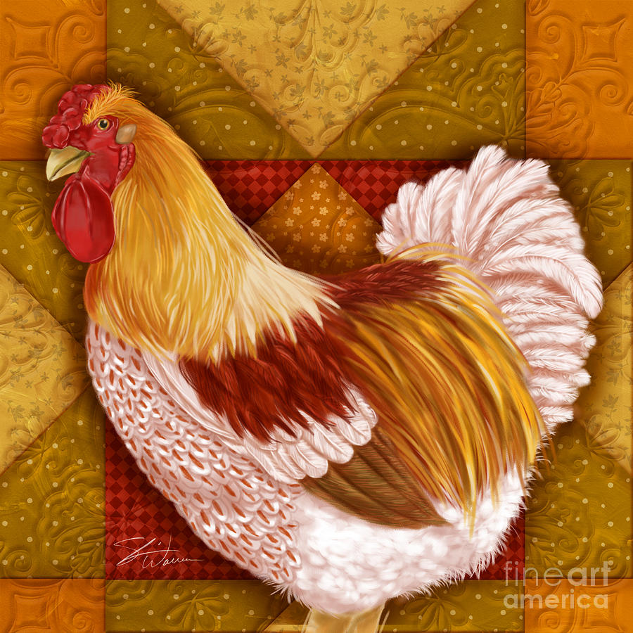 Rooster on a Quilt I Mixed Media by Shari Warren