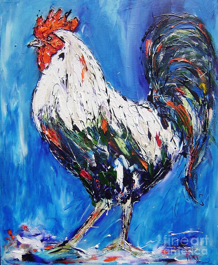 Rooster On Blue- Perfect For Kitchens  Painting by Mary Cahalan Lee - aka PIXI
