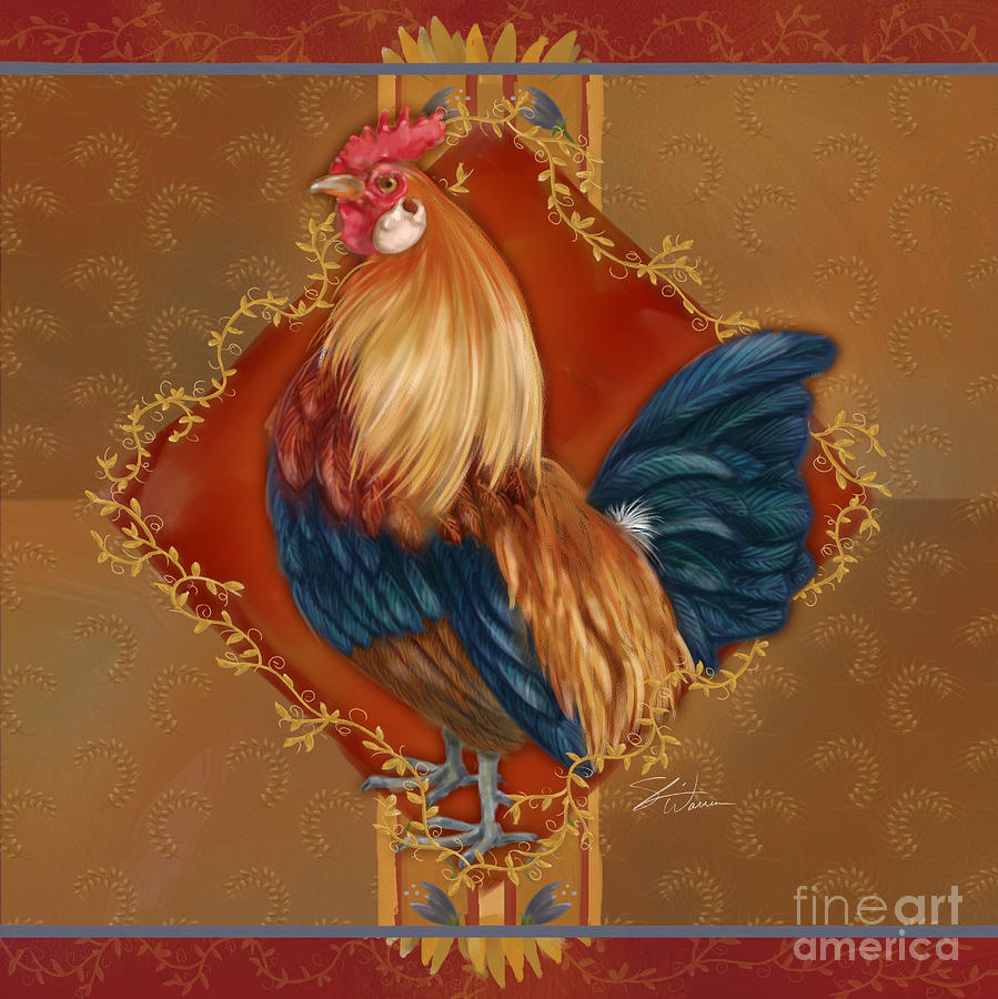 Rooster on Red and Gold I Mixed Media by Shari Warren