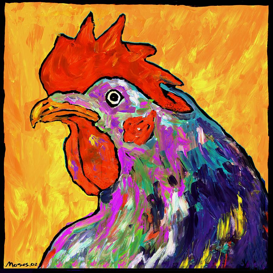 Rooster On Yellow Painting by Dale Moses