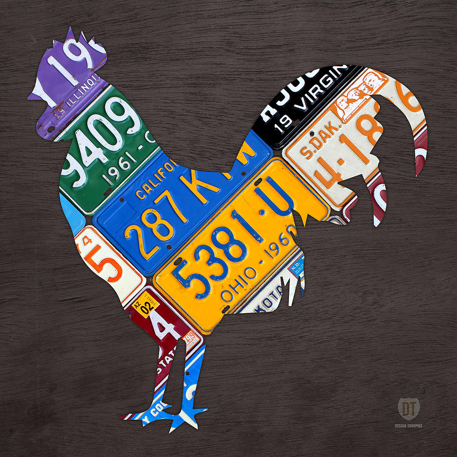 Rooster Mixed Media - Rooster Recycled License Plate Art on Gray Wood by Design Turnpike
