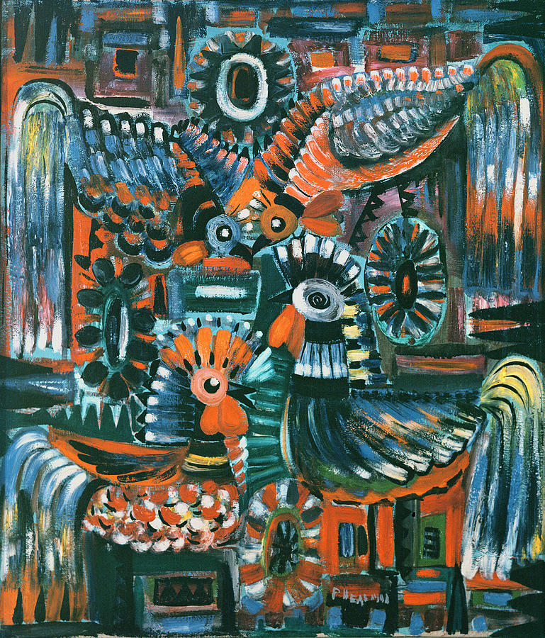 Rooster Photograph - Roosters, 1967 Oil On Canvas by Radi Nedelchev