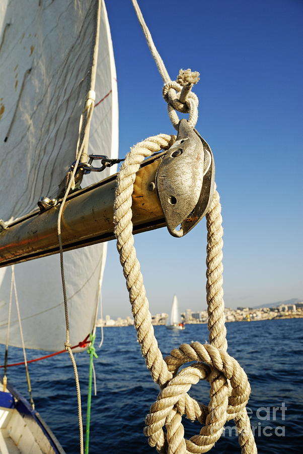 Rope on sailboat mast during navigation Photograph by Sami Sarkis