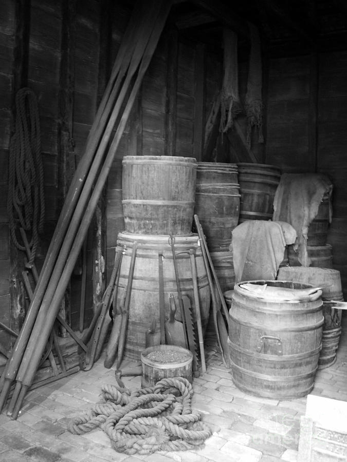 Black And White Photograph - Ropes and Barrels by Valerie Reeves