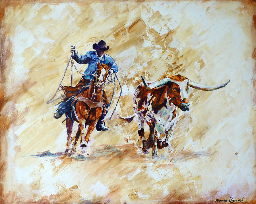 Horse Painting - Roping the Doggie by P Maure Bausch