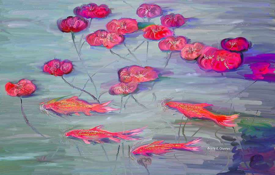 Rosannes Goldfish and Water Lilly Pond Painting by Angela Stanton