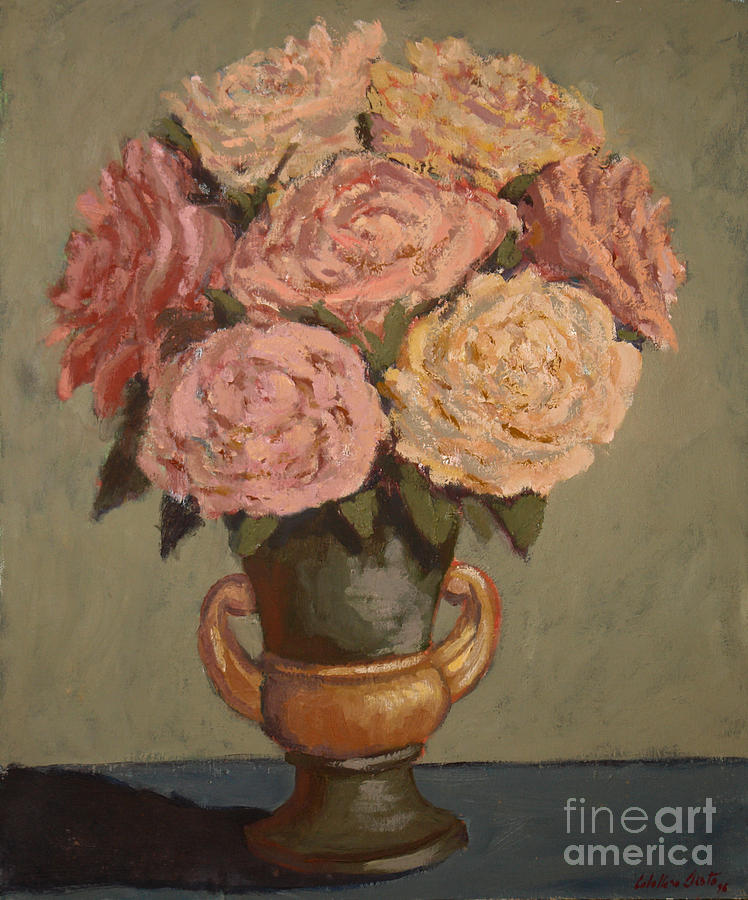 Rosas en florero verde I Painting by Monica Elena