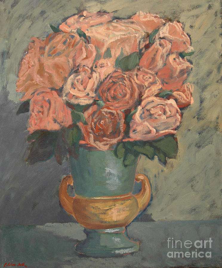 Rosas en florero verde II Painting by Monica Elena