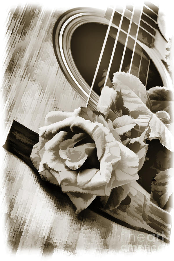 Rose Bloom flower on Guitar Painting in Sepia 3261.01 Painting by M K Miller