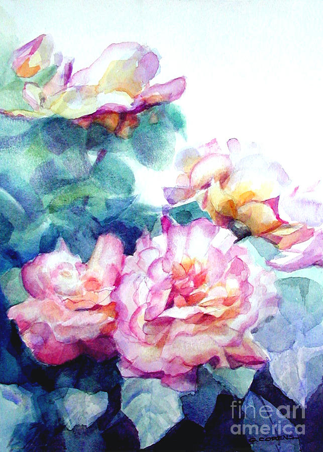 Watercolor of a Blazing Pink Rose Bush Painting by Greta Corens