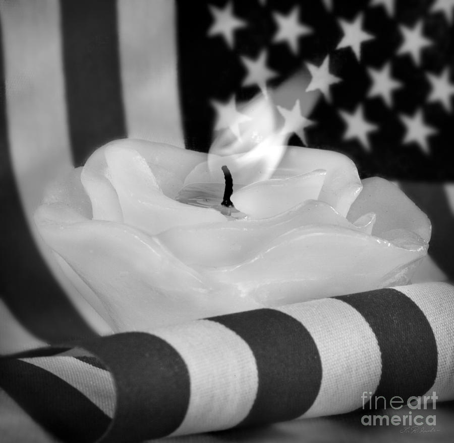 Rose Candle on American Flag in Black and white Photograph by Iris Richardson