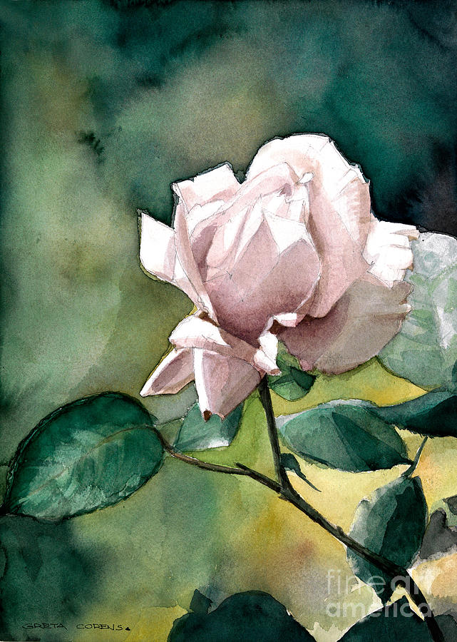 Watercolor of a Single Lilac Rose on a Green Bed Painting by Greta Corens