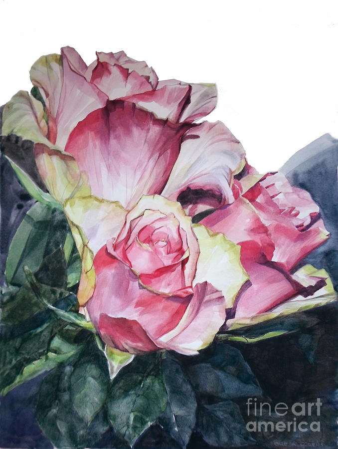 Watercolor of a Bouquet of Pink and White Roses Painting by Greta Corens