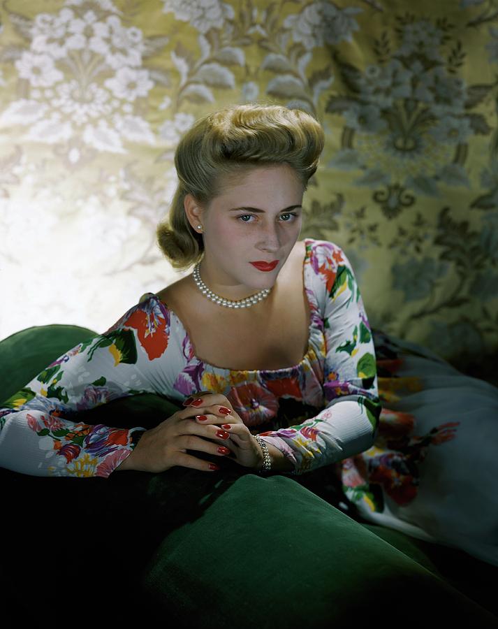 Rosemary Warburton Wearing A Floral Dress Photograph by Horst P. Horst