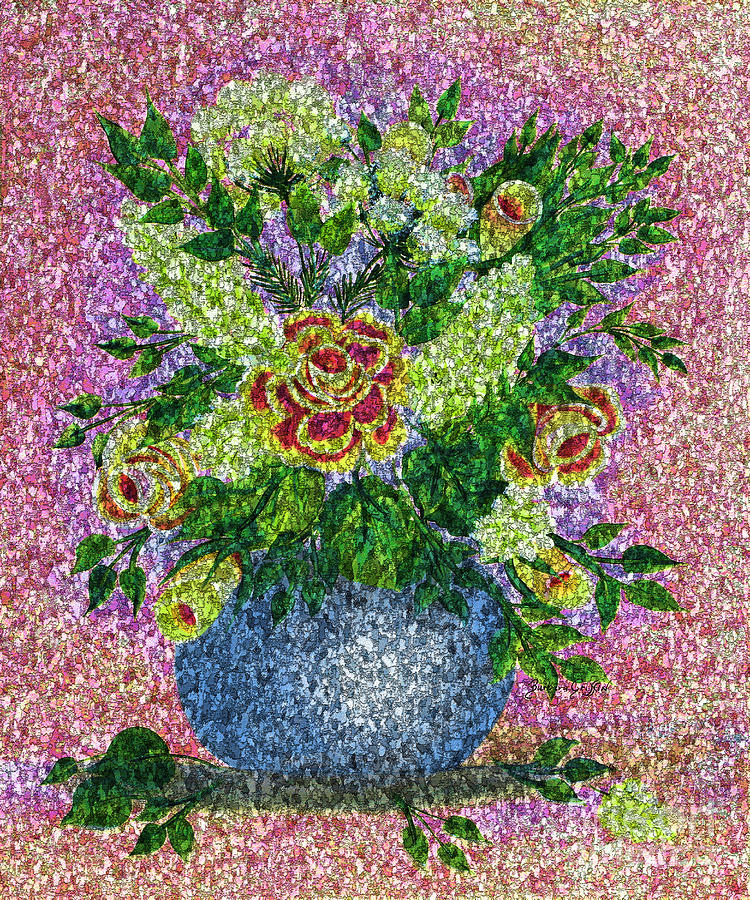 Roses and White Lilacs Lacy Bouquet Digital Painting Painting by Barbara A Griffin