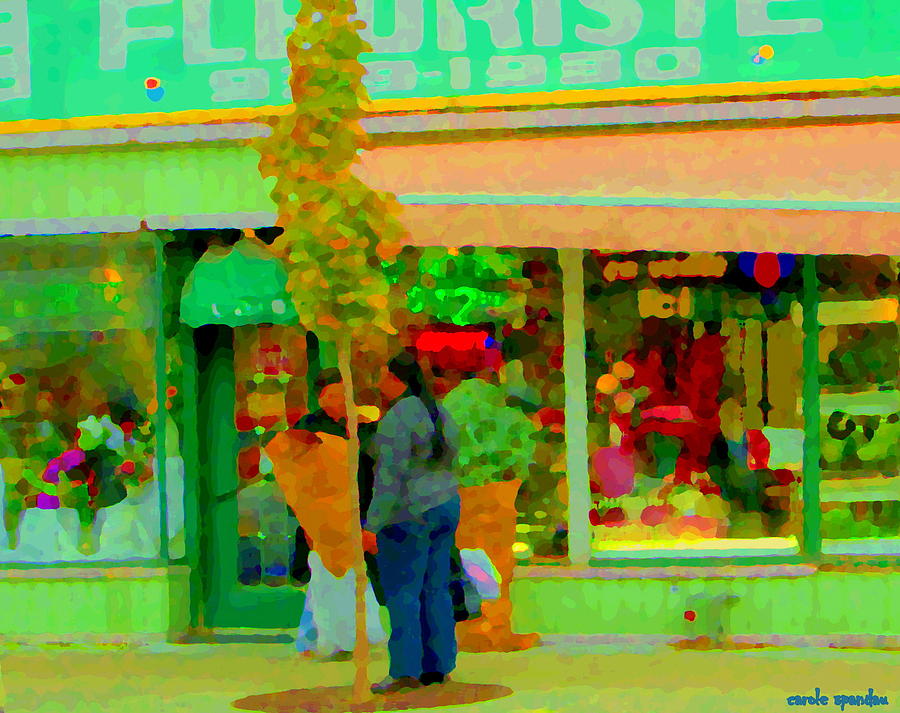 Flower Shops Painting - Roses At The Flower Shop Fleuriste Coin Vert Rue Notre Dame Springtime Scenes Carole Spandau by Carole Spandau