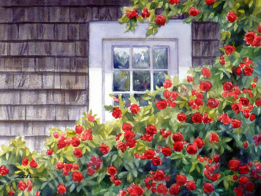 Roses at the Window Painting by Janet Zeh