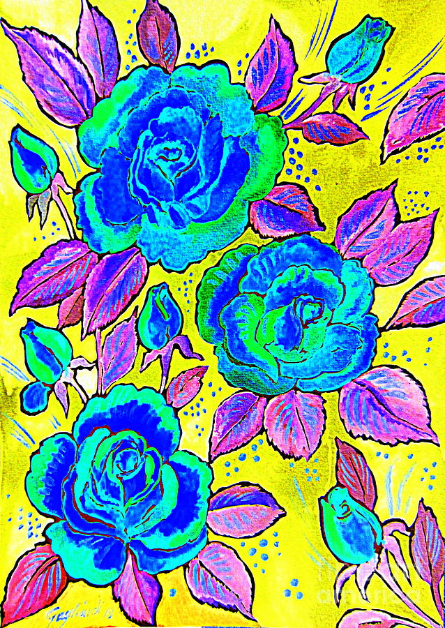 Roses blue on yellow Painting by Roberto Gagliardi