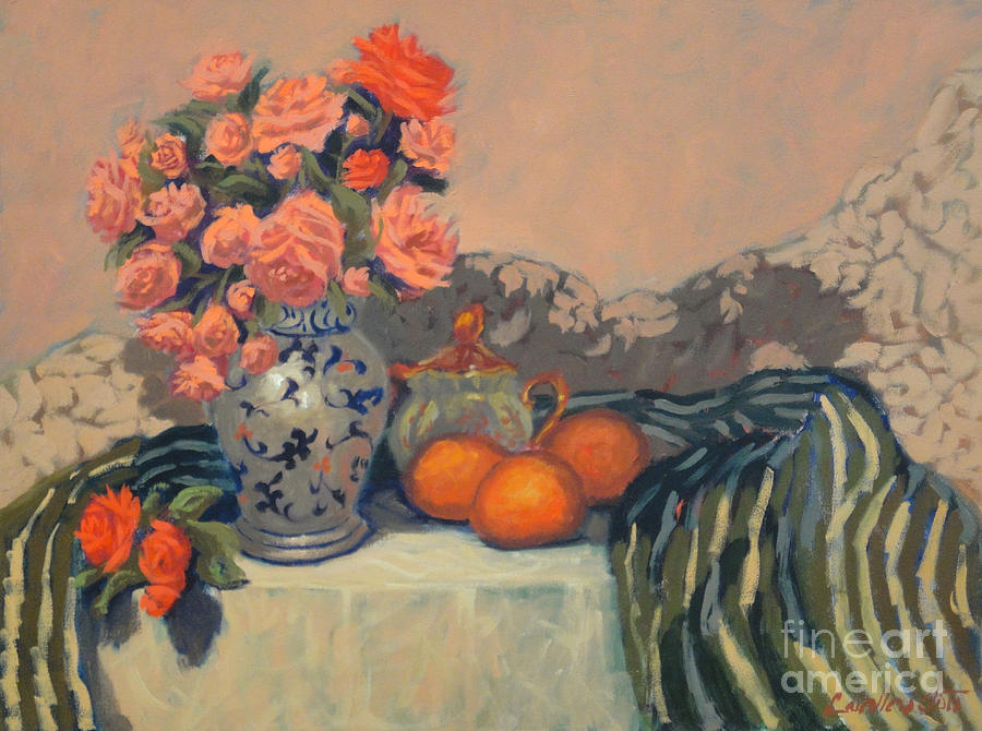Roses in a blue vase Painting by Monica Elena