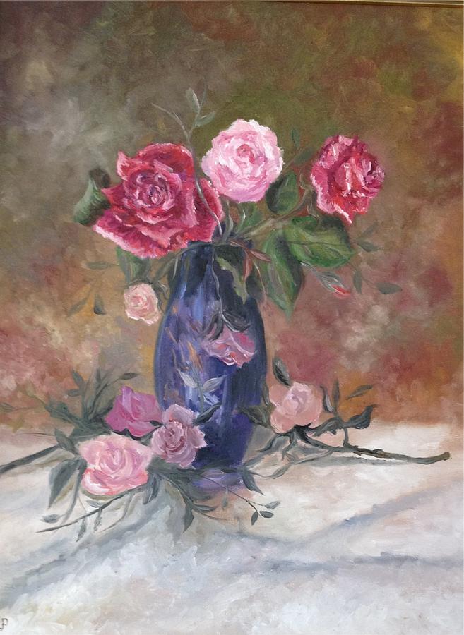 Rose Painting - Roses in blue vase by Irene Pomirchy