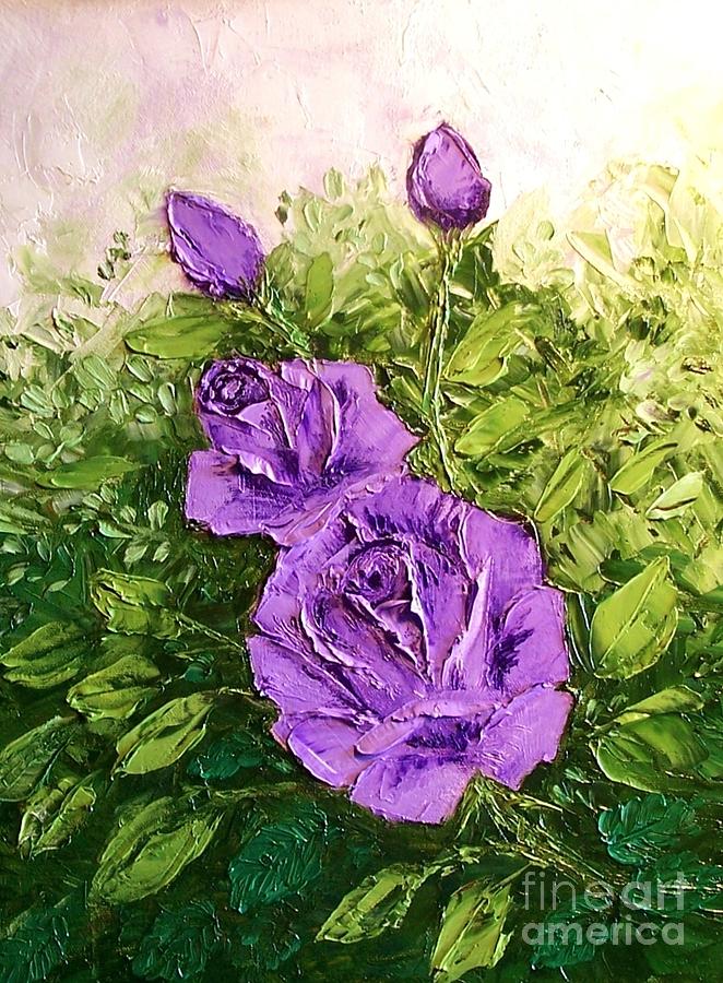 Roses in lavender Painting by Peggy Miller