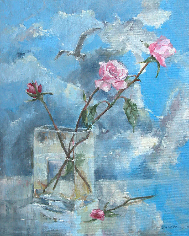 Roses in the window Painting by Synnove Pettersen