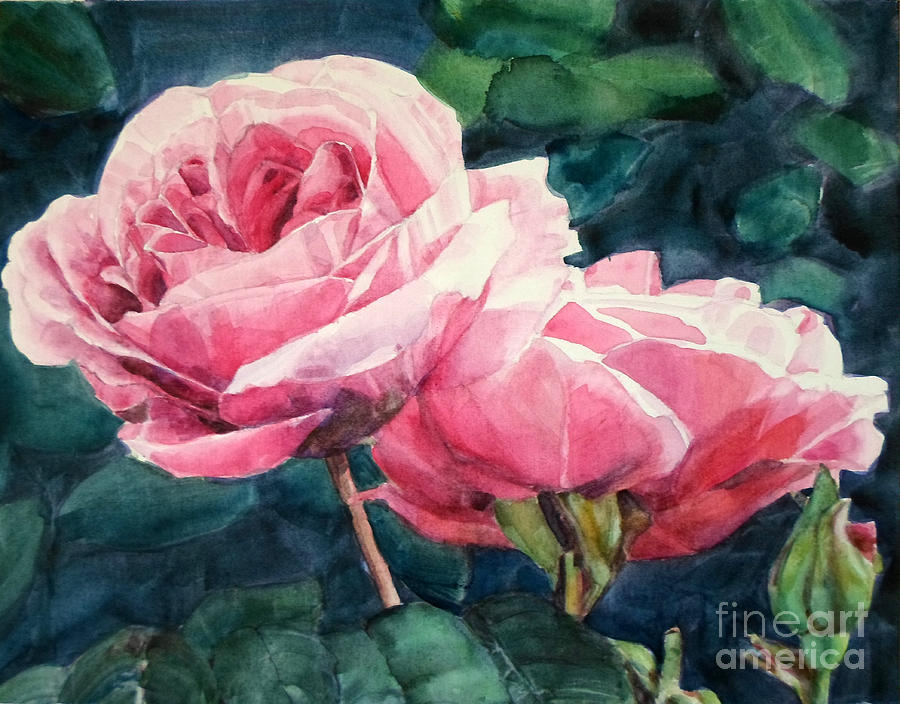 Watercolor of Two Luscious Pink Roses Painting by Greta Corens