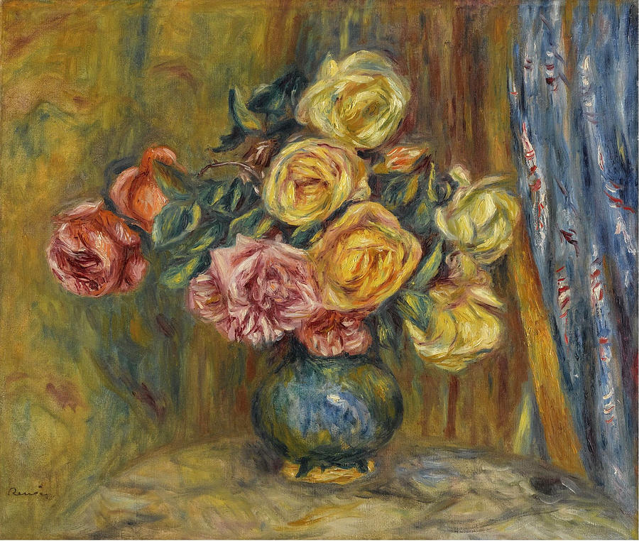 Roses with Blue Curtain Painting by Pierre-Auguste Renoir