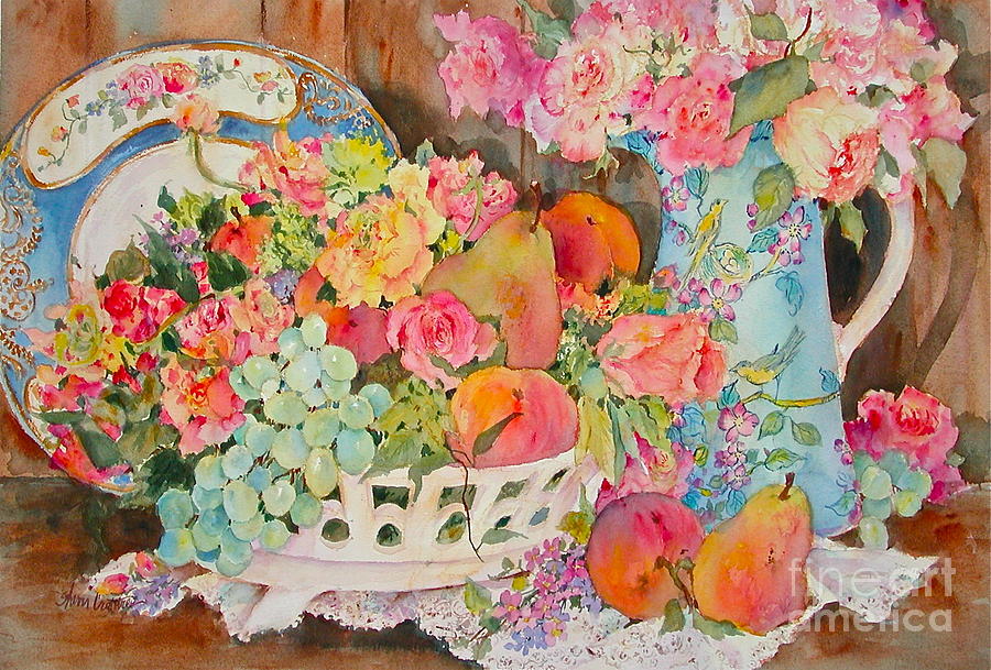 Roses with Fruit and China Painting by Sherri Crabtree