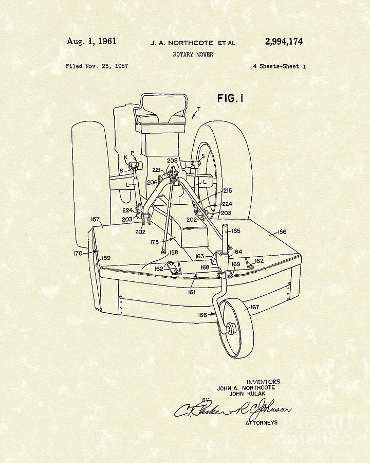 Rotary Mower 1961 Patent Art Drawing by Prior Art Design