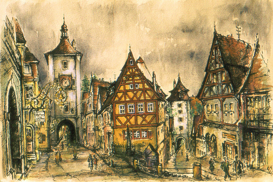 Rothenburg Bavaria Germany - Romantic Watercolor Painting by Peter Potter