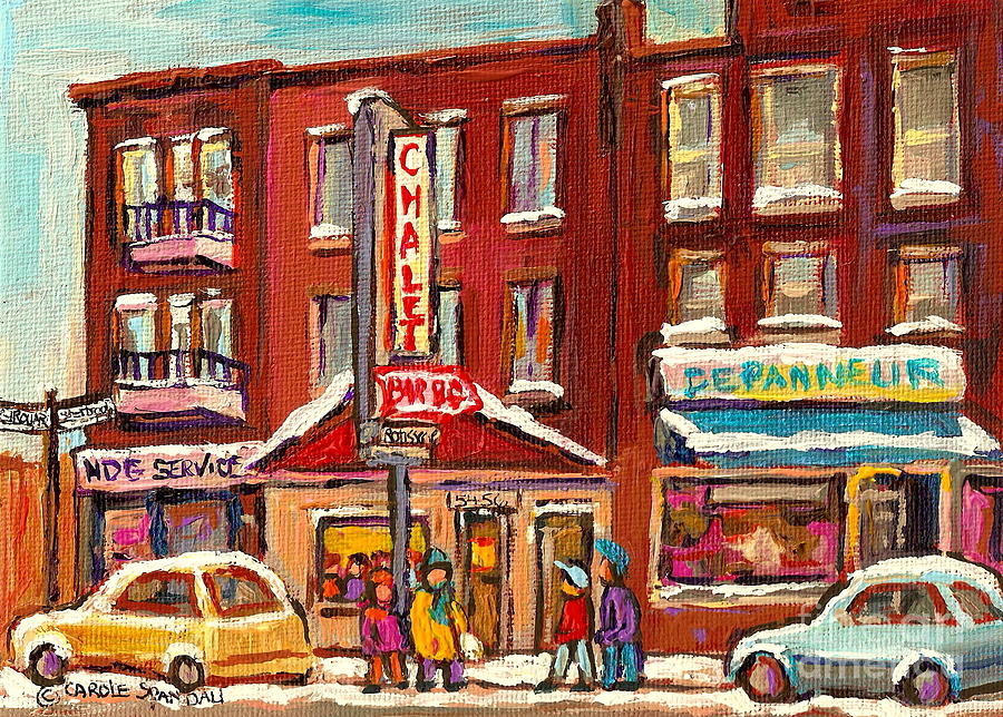 Montreal Painting - Rotisserie Le Chalet Bar B Q Sherbrooke West Montreal Winter City Scene by Carole Spandau