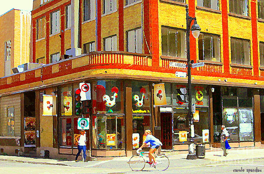 Rotisserie Portugaise Bbq Biking By Sunny St Urbain Corner Mont Royal Cafe Scenes Carole Spandau   Painting by Carole Spandau