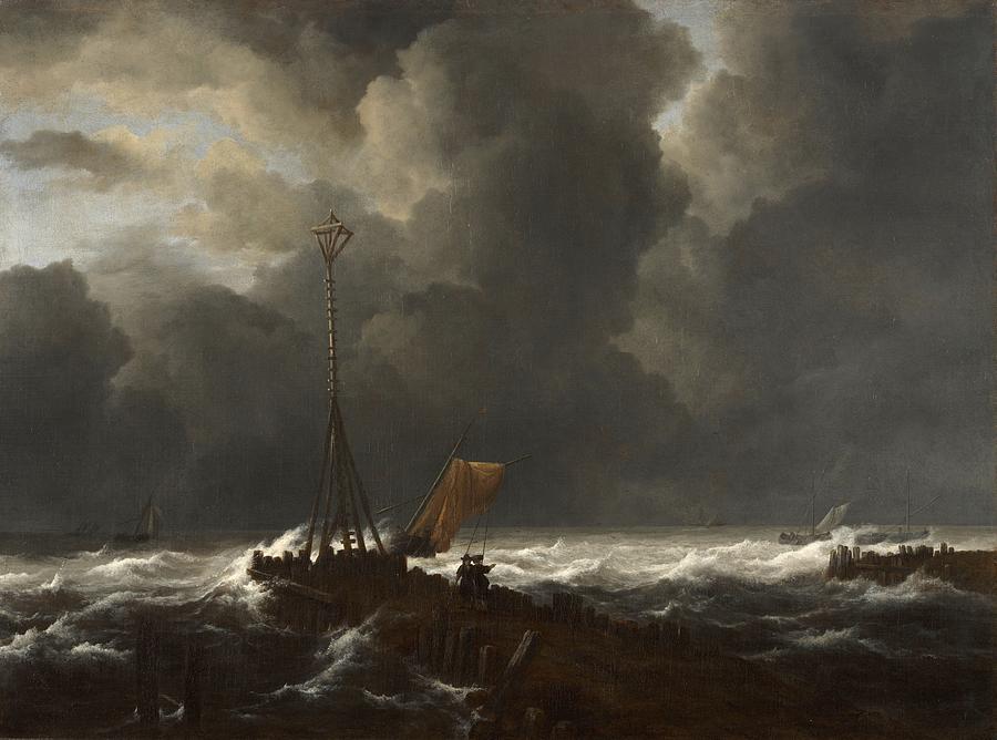 Landscape Painting - Rough Sea at a Jetty by Jacob van Ruisdael