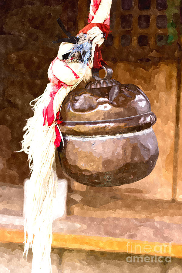 Rounded Bell and Rope in a Small Shinto Shrine Digital Art by Beverly Claire Kaiya