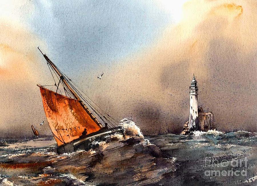 Lighthouse Painting - Rounding the Fastnet by Val Byrne