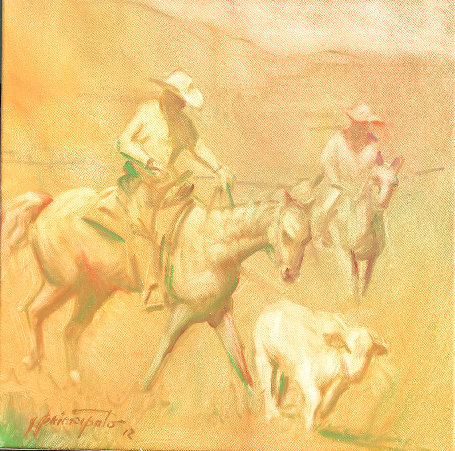 Horse Painting - Rounding up stray at Star Ranch by Ernest Principato
